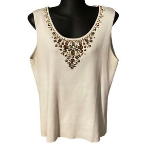 XL Lara Lane cream sleeveless gold bronze beaded scoop neck ribbed tank top